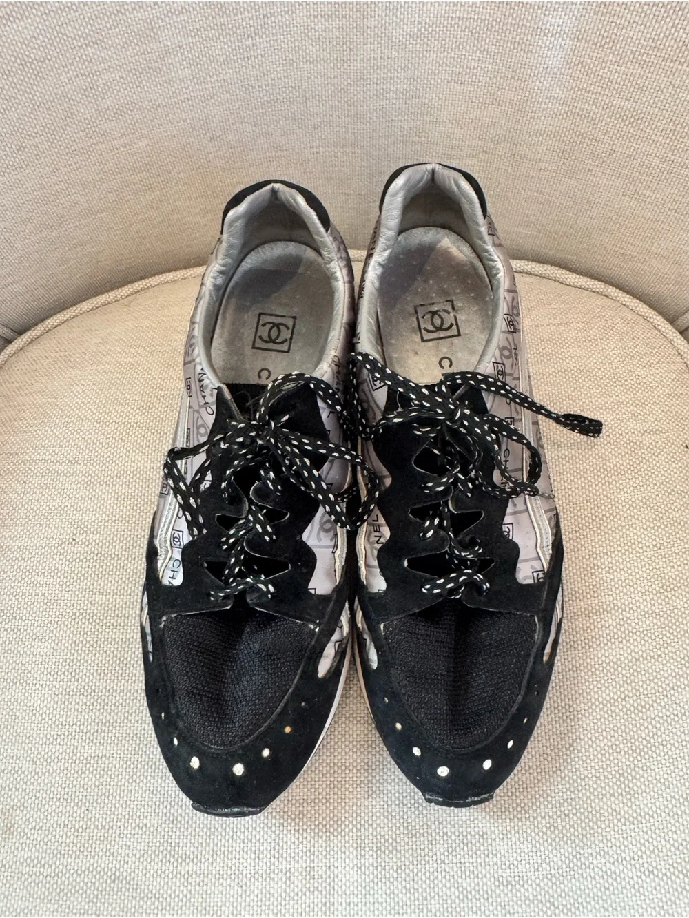 CHANEL Black & Silver Logo-Print Sneakers. Sz 39/9. Comes with dustbag